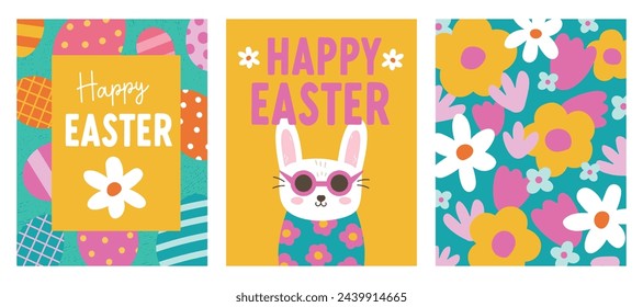 Tarjetas de Pascua, saludos, publicaciones en los medios sociales con flores abstractas modernas y brillantes. Diseño de vector colorido de fondo de primavera de abril