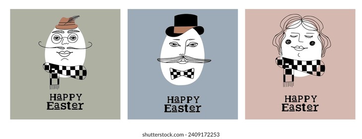 Easter cards with hipster egg Lady and gentlemen in hats. For textile, banner, decoration, invitation print. Holyday, celebrate concept. Vector doodle illustration. Easter hipster bundle.