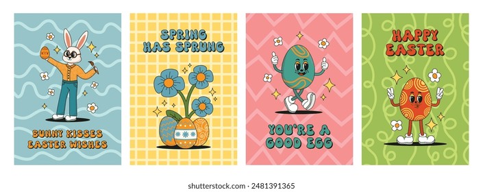 Easter cards or posters collection in hippie groovy retro style. Spring postcard set of easter retro characters. Vector illustration with cool easter bunny, rabbit, flowers and funny eggs.