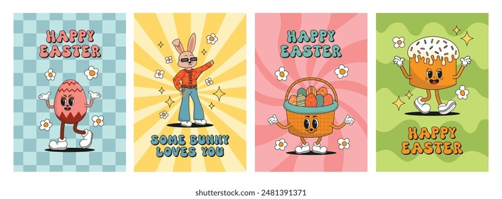 Easter cards or posters collection in hippie groovy retro style. Vector illustration with cool easter bunny, rabbit and funny eggs. Spring set of easter retro characters. 
