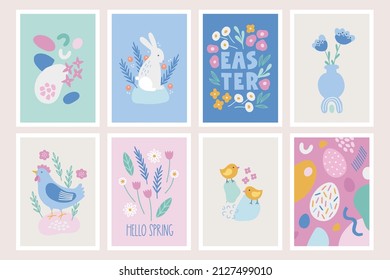 Easter cards with rabbit, chicken, hen, flowers, abstract shapes, eggs. Perfect for spring and summer holidays. Vector illustration