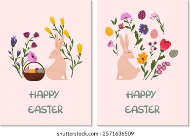 Easter cards. Rabbit and spring flowers. Basket with Easter eggs. Vector illustration