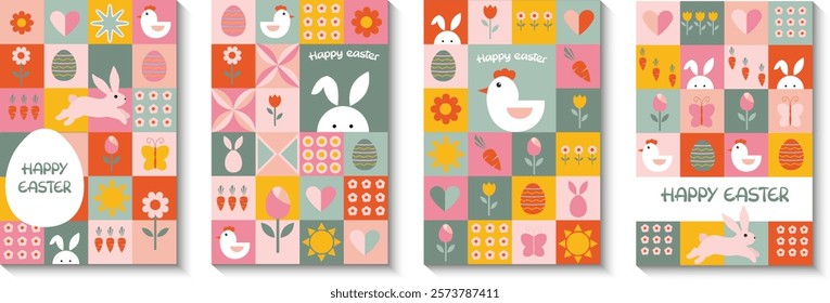 Easter cards. Rabbit and spring flowers. Basket with Easter eggs. Set of Easter cards from colored squares. Easter rabbit, chicken, eggs and flowers, decorative elements. Vector illustration