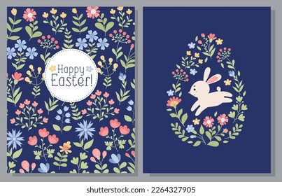 Easter cards set. Big Easter egg with cute bunny and and pattern of colorful flowers. Vector illustration. Two modern vertical paschal posters in flat style on blue background