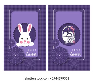 Easter cards set. Easter bunny and a basket with Easter eggs. Vector illustration