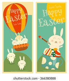 Easter Cards Set with Easter Bunny. Mini Posters Collection. Vertical Format. Vector Illustration.