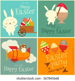 Easter Cards Set with Easter Bunny. Mini Posters Collection. Vector Illustration.