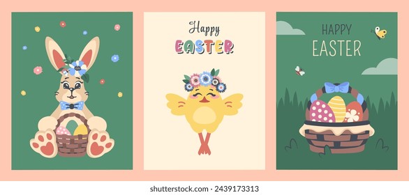 Easter cards set. Greeting posters with decorated eggs in basket, chick, Easter bunny. Funny animals with wishes Happy Easter. Spring holiday, flowers, garden. Clipart. Vector flat illustrations