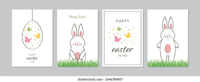 Tarjetas de Pascua con conejos dulces dibujados a mano, huevo y mariposas. Dibujos y dibujos ilustraciones vectoriales DIN A6