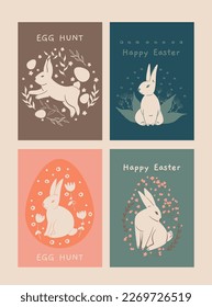 Easter cards set with hares, leaf, ornaments. Easter concept. Trendy composition. Can be used as cards,flyer, social media templates etc. Hand drawn style. Easter spring vector illustration. 