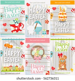 Easter Cards Set. Mini Posters Collection - Eggs, Rabbit on White Wooden Background. Vector Illustration.