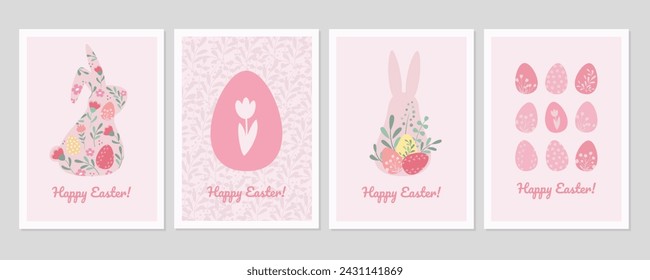 Easter cards set in simple vintage design.Easter bunny and Easter eggs vector llustrations.