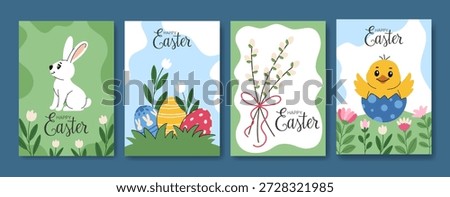 Easter cards set. Spring illustrations with bunnies, chicks, Easter eggs, and pussy willow. Easter greeting card templates. Vector design.