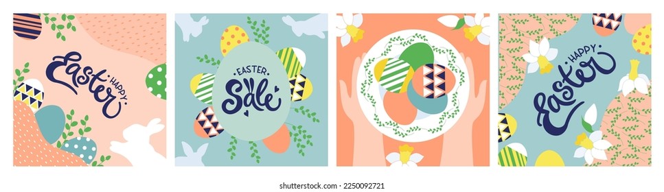 Easter cards, spring packaging. Sale or celebration posters, festive art decor, square cover with bunny and eggs. Greeting card traditional design. Vector cute cartoon design current background