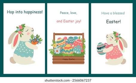 Easter cards with text, hares, eggs, isolated on white background, vector