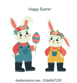 Easter cards with text, hares, eggs, isolated on white background, vector