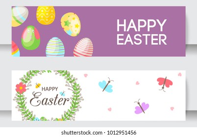 Easter cards vector cartoon characters and invitation banner design holiday decoration spring celebration traditional greeting symbols. Easter bunny, chickens, eggs and flower illustration.