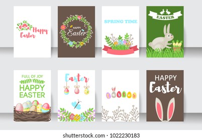Easter cards vector cartoon characters and invitation banner design holiday decoration spring celebration traditional greeting symbols. Easter bunny, chickens, eggs and flower illustration.