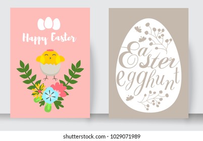 Easter cards vector cartoon characters and invitation banner design holiday decoration spring celebration traditional greeting symbols. Easter bunny, chickens, eggs and flower illustration.