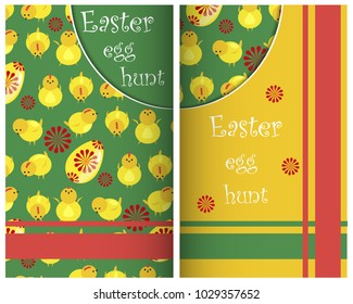 Easter cards vector cartoon characters and invitation banner design holiday decoration spring celebration traditional greeting symbols cut paper art. Easter chickens, eggs and flower illustration.
