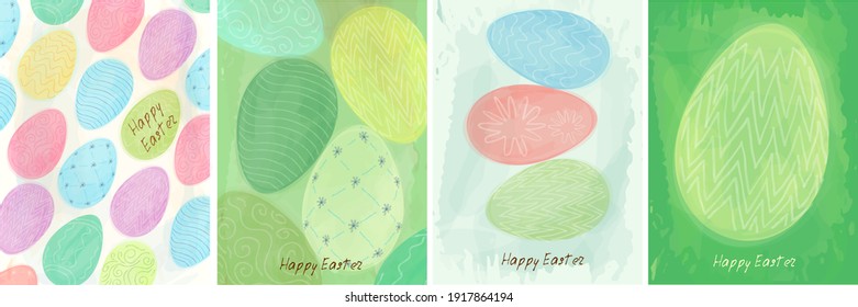 Easter cards, watercolor, vector. Set of vector illustrations for Easter holiday. Easter egg pattern and background.