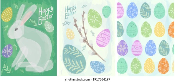 Easter cards, watercolor, vector. Set of vector illustrations for Easter holiday.  Rabbit, willow and Easter eggs.