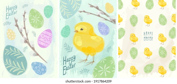 Easter cards, watercolor, vector. Set of vector illustrations for Easter holiday. Yellow chicken and willow. 