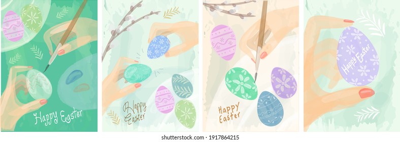 Tarjetas de Pascua, acuarela, vector. Conjunto de ilustraciones vectoriales para vacaciones de Pascua. Manos y brochas, pintando huevos para las vacaciones de Pascua. 