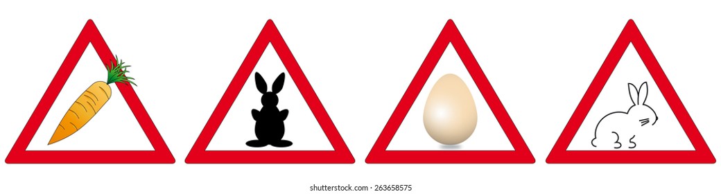easter, carrot, rabbit as symbols in triangle traffic signs