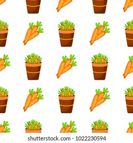 Easter carrot vector cartoon seamless pattern background holiday decoration spring celebration traditional greeting symbols. Easter bunny, chickens, eggs and flower illustration.