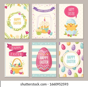 Easter cartoon banners set with happy Easter symbols isolated vector illustration