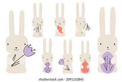 Caricatura de Pascua del conejito vector clipart set con zanahorias y flores para afiche. Gráfico decorativo de la fiesta de caza de huevos.