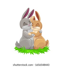 Easter cartoon bunny couple, holiday egghunting vector design. Easter egg hunt gray and brown rabbit animals hugging on green grass