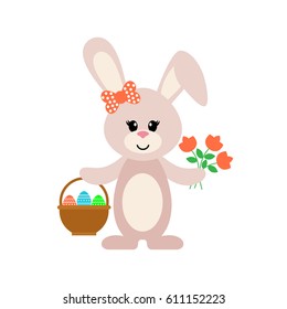 easter cartoon bunny girl with a basket and flowers