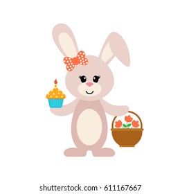 easter cartoon bunny girl with a cake and basket