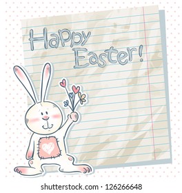 Easter cartoon bunny on a notebook scrap paper and polka dot background