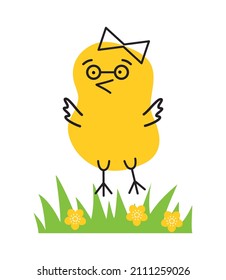 Easter cartoon chick on green grass. Easter poster vector image. Line art. 