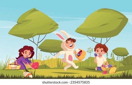 Easter cartoon composition with kids during egg hunt vector illustration