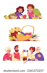 Composición de dibujos animados de Pascua con huevos festivos y pasteles vacacionales ilustraciones vectoriales aisladas