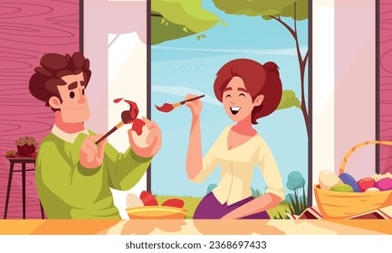 Easter cartoon composition with young couple painting holiday eggs vector illustration