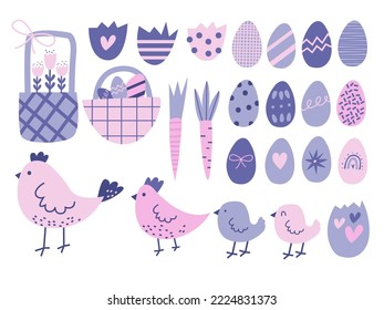 Easter cartoon and cute illustrations set. Easter Christian holiday. Chicken, chick, Easter eggs and flowers. Spring elements for decor and cards