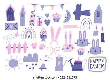 Easter cartoon and cute illustrations set. Easter Christian holiday. Bunny, gifts, Easter eggs and flags. Spring elements for decor and cards