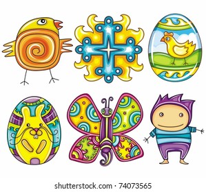 Easter cartoon icon set  part 2: Cute newborn chick, cross sign, decorative painted Easter egg, Eater egg with painted bunny or rabbit,  colorful butterfly, icon of a little boy