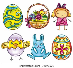 Easter cartoon icon set  part 1: Painted easter egg, basket with easter eggs and chicken, cute little girl, newborn chick, Easter bunny or rabbit, decorative easter egg with cross pattern.