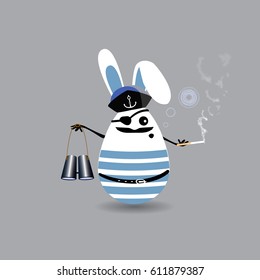 Easter cartoon illustration. Cute egg - rabbit captain man in the hand binoculars. For your design on light isolated background