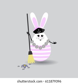 Easter cartoon illustration. Cute Egg - Rabbit Sailor Girl Cleaning Broom Wash Flooring. For your design on light isolated background