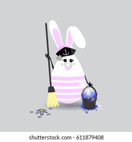 Easter cartoon illustration. Cute egg - rabbit sailor girl cleaning a broom and bucket. For your design on light isolated background