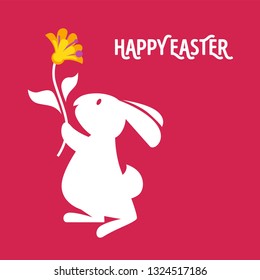 Easter cartoon illustration greeting card with white bunny. vector illustration