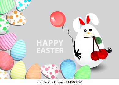 Easter cartoon illustration on a gray background. Cheerful egg with rabbit ears with a red cherry in the teeth against a background of colorful Easter eggs