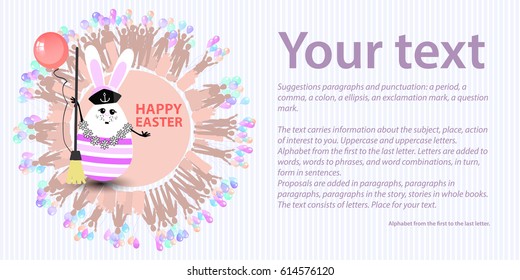 Easter cartoon illustration with place under text. Cheerful egg with rabbit ears sailor with a broom for cleaning in his hand against the background of a frame in the shape of a circle.